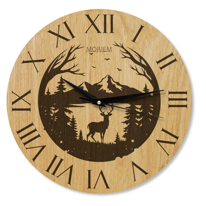 Wanduhr Berge Hirsch Motiv - rustikal -  Wohnzimmeruhr Eiche - 30 cm/40 cm groß