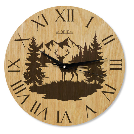 Wanduhr Berge rustikal -  Wohnzimmeruhr Holz Hirsch - Eiche 30cm groß