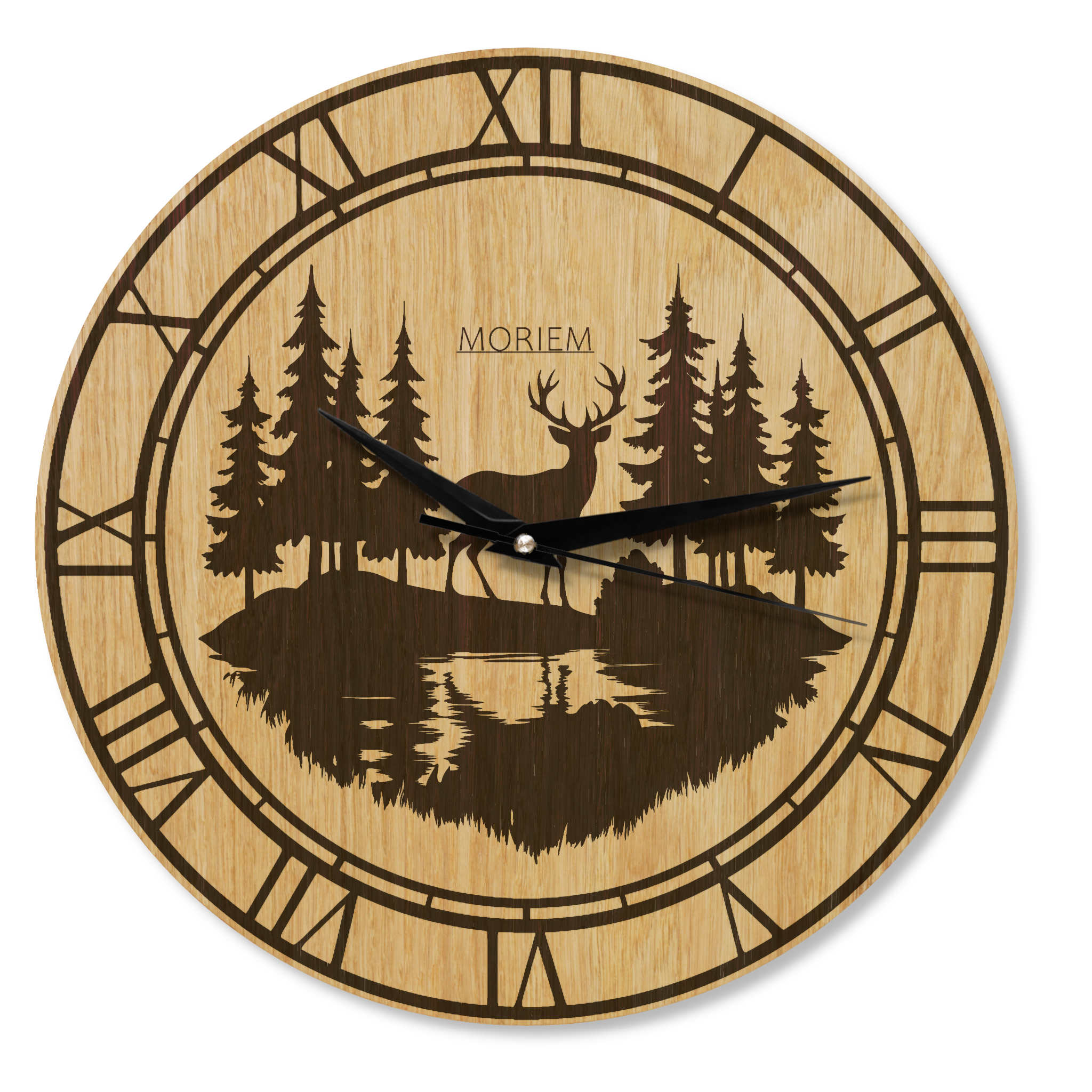 Wanduhr Berge rustikal -  Wohnzimmeruhr Holz Hirsch Eiche - 30 cm/40 cm groß
