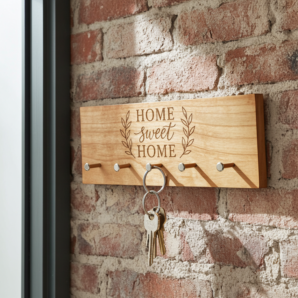 Home sweet Home Schlüsselbrett an einer Backsteinwand aufgehängt mit Schlüsselbund