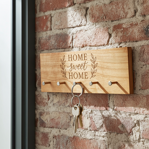 Home sweet Home Schlüsselbrett an einer Backsteinwand aufgehängt mit Schlüsselbund