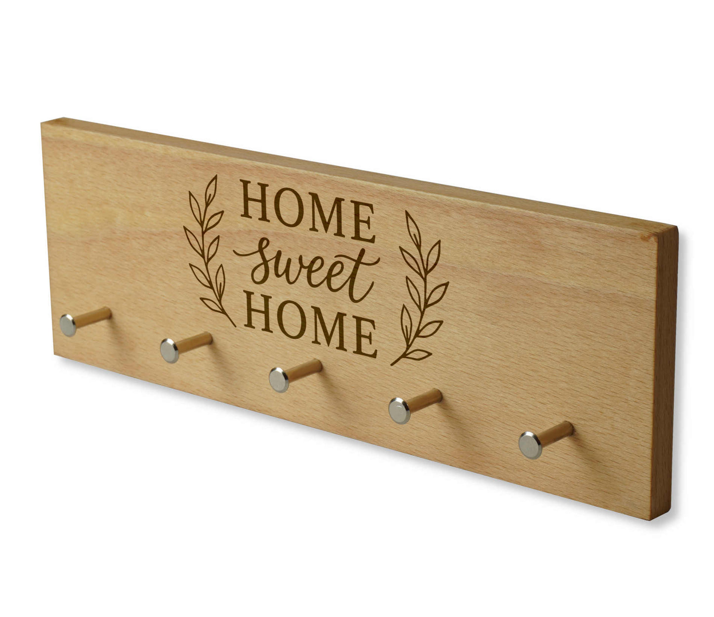 Produktbild Home sweet Home Schlüsselbrett Variante Buche in der vorderansicht mit modernen Schlüssel Aufhänger.