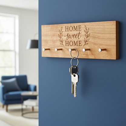 Home sweet Home Schlüsselbrett in einem modernen Wohnzimmer an der Wand aufgehängt