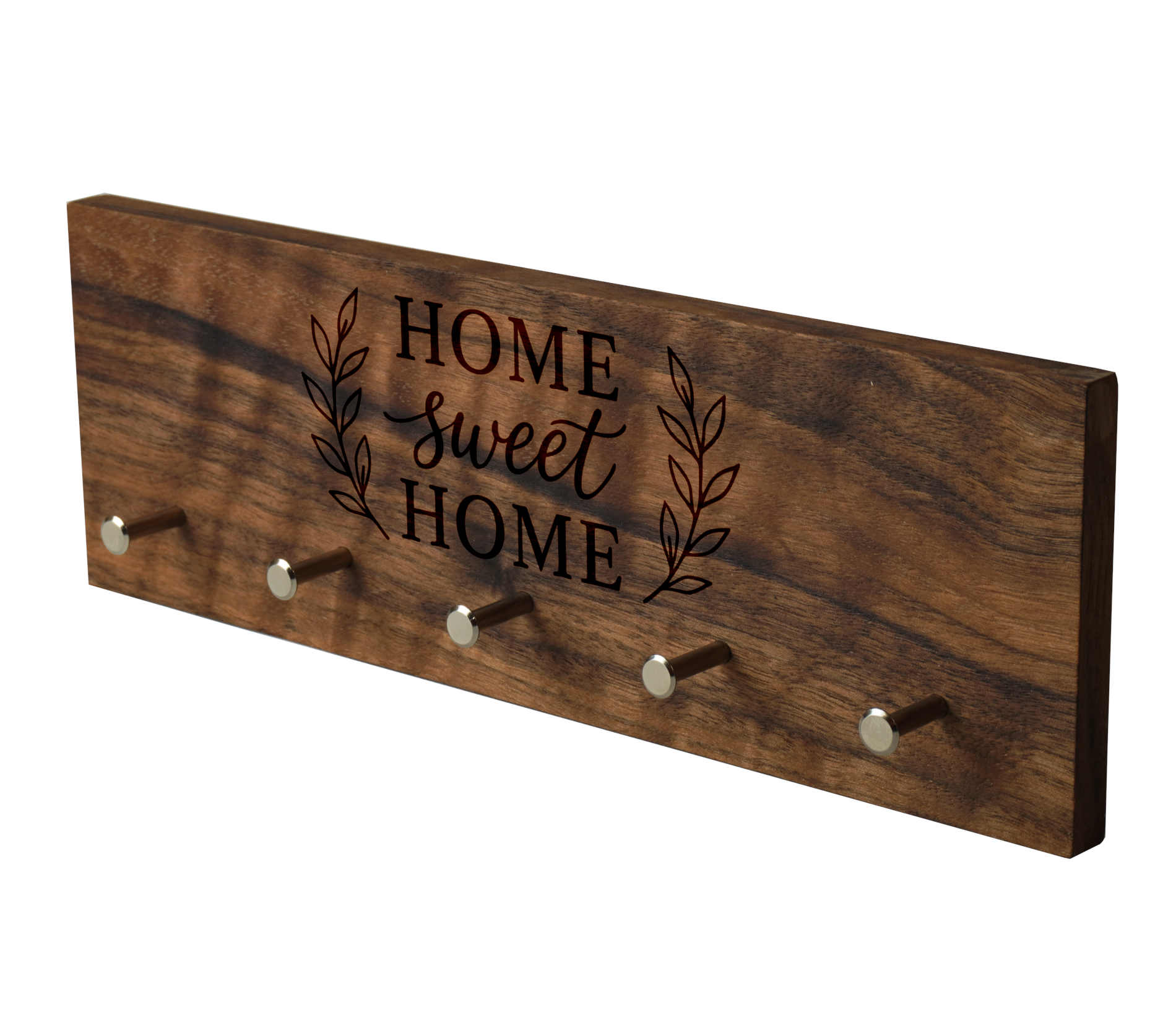 Produktbild Home sweet Home Schlüsselbrett in der vorderansicht.
Nussbaumholz mit modernen Schlüsselhaken.