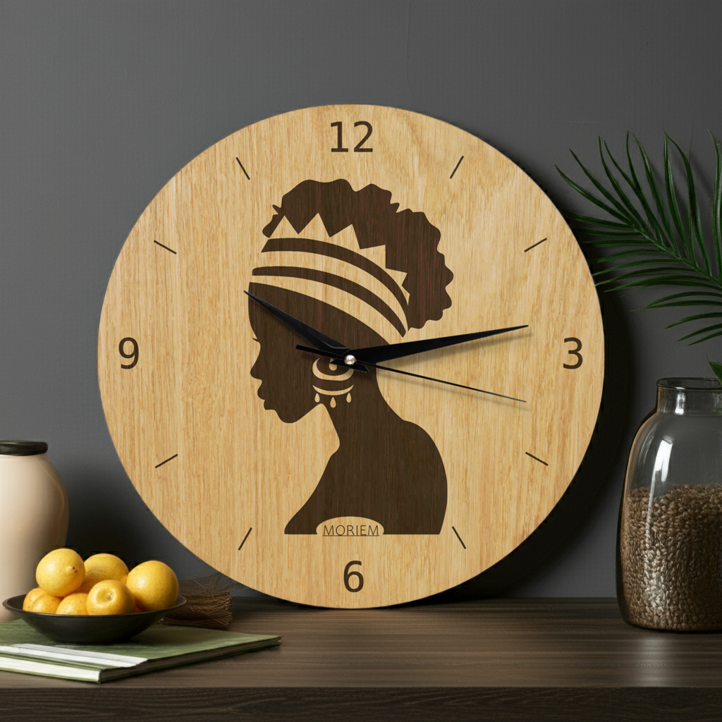 Wanduhr Afrika Frau - Wohnzimmeruhr Holz - moderne Wohnzimmeruhr Eiche - 30 cm/40 cm groß