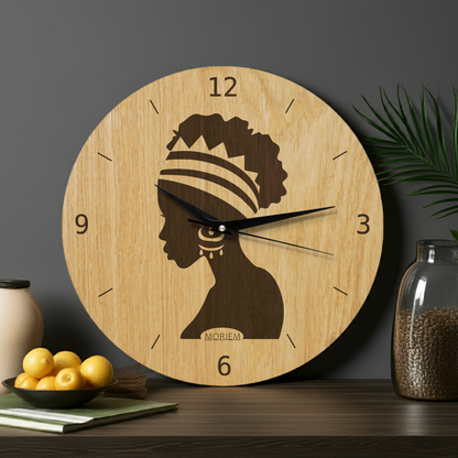 Wanduhr Afrika Frau - Wohnzimmeruhr Holz - moderne Wohnzimmeruhr Eiche - 30 cm/40 cm groß