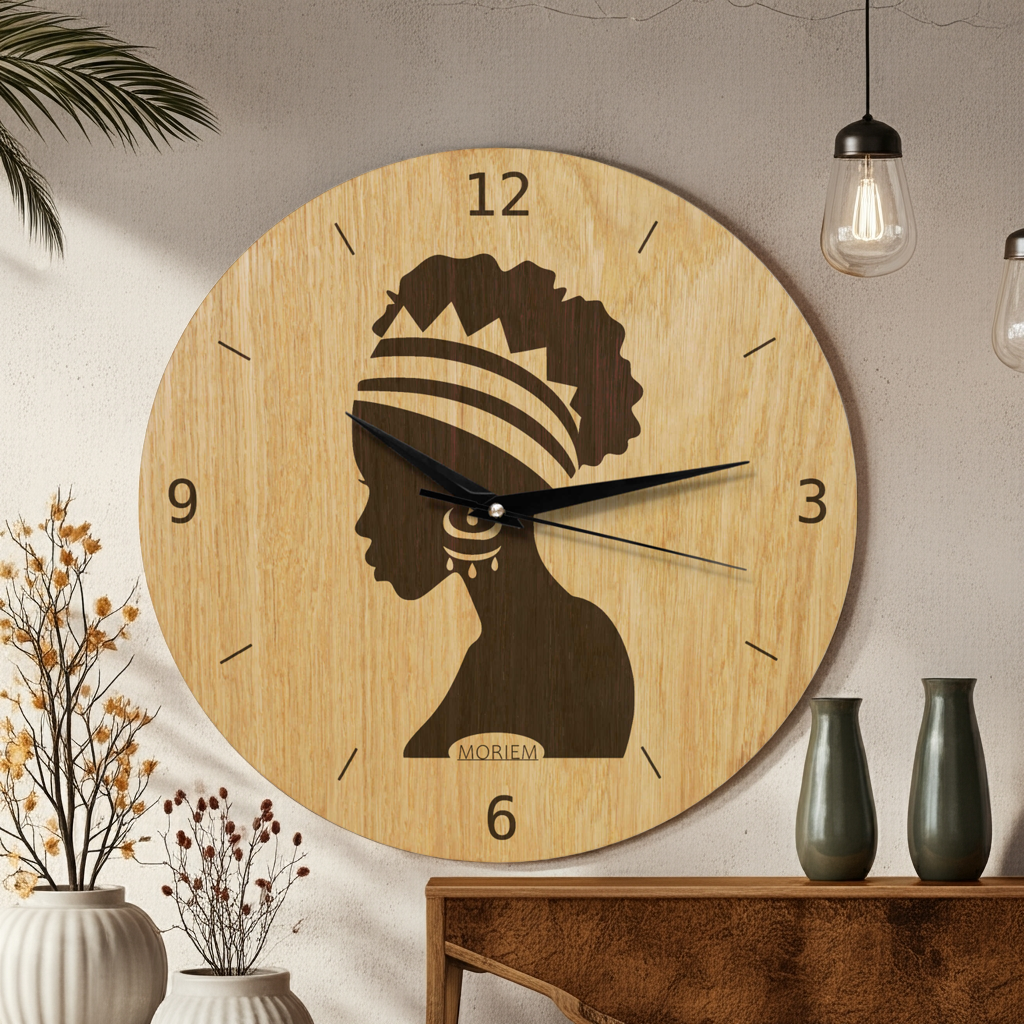 Wanduhr Afrika Frau - Wohnzimmeruhr Holz - moderne Wohnzimmeruhr Eiche - 30 cm/40 cm groß