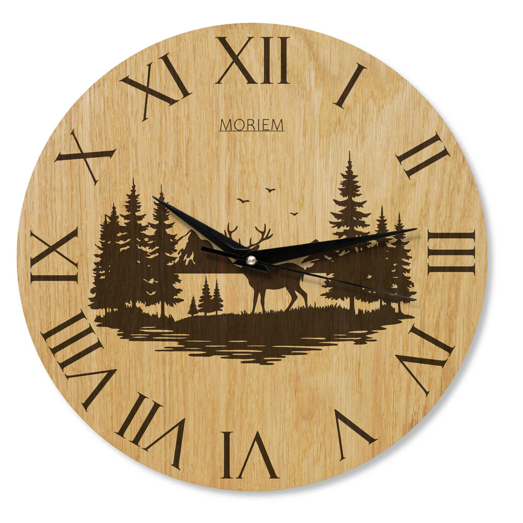 Wanduhr Berge Hirsch Motiv - rustikal -  Wohnzimmeruhr Eiche- 30 cm/40 cm groß