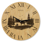 Wanduhr Berge Hirsch Motiv - rustikal -  Wohnzimmeruhr Eiche- 30 cm/40 cm groß