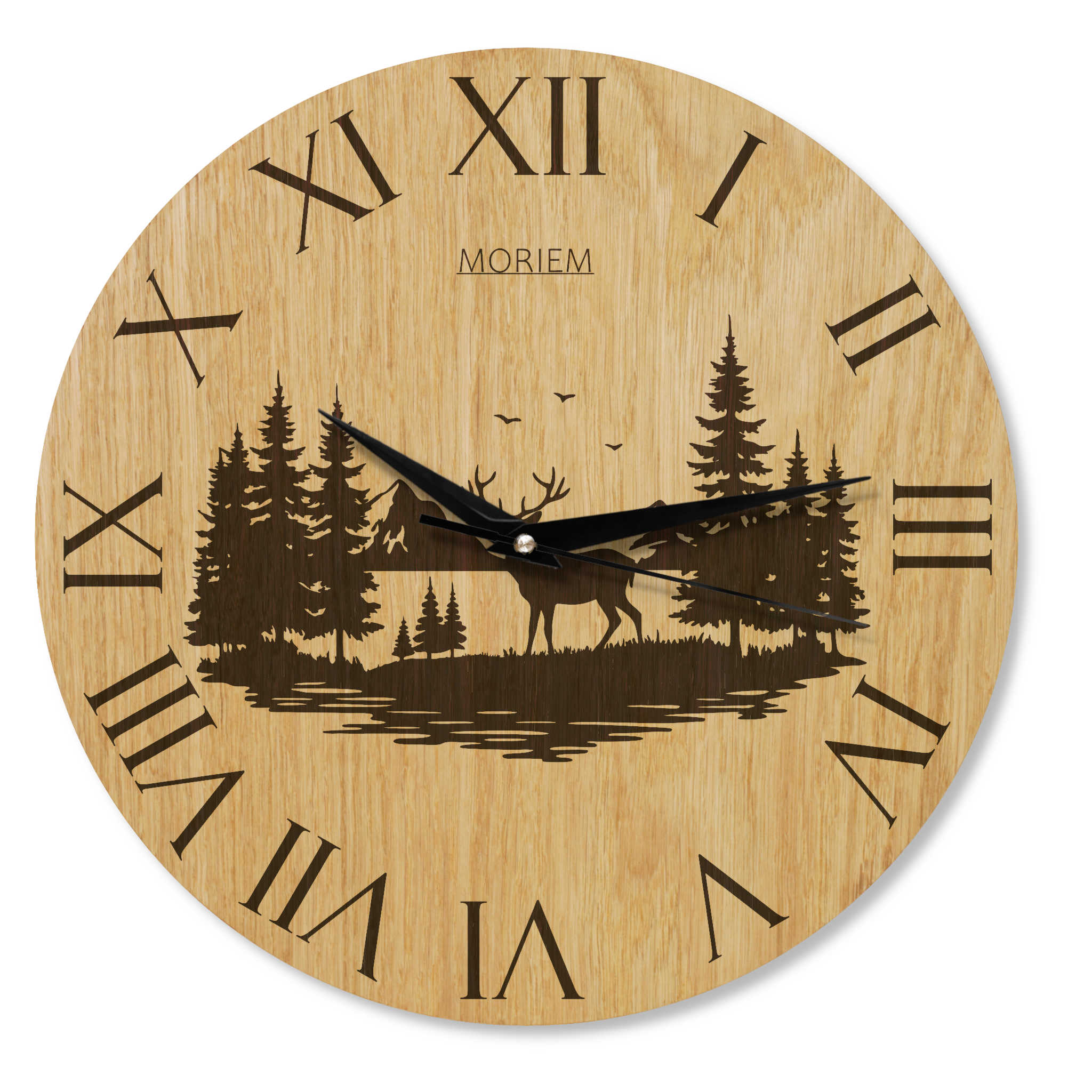Wanduhr Berge Hirsch Motiv - rustikal -  Wohnzimmeruhr Eiche- 30 cm/40 cm groß