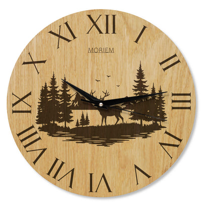 Wanduhr Berge Hirsch Motiv - rustikal -  Wohnzimmeruhr Eiche- 30 cm/40 cm groß