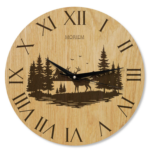 Wanduhr Berge Hirsch Motiv - rustikal -  Wohnzimmeruhr - Eiche 30cm groß