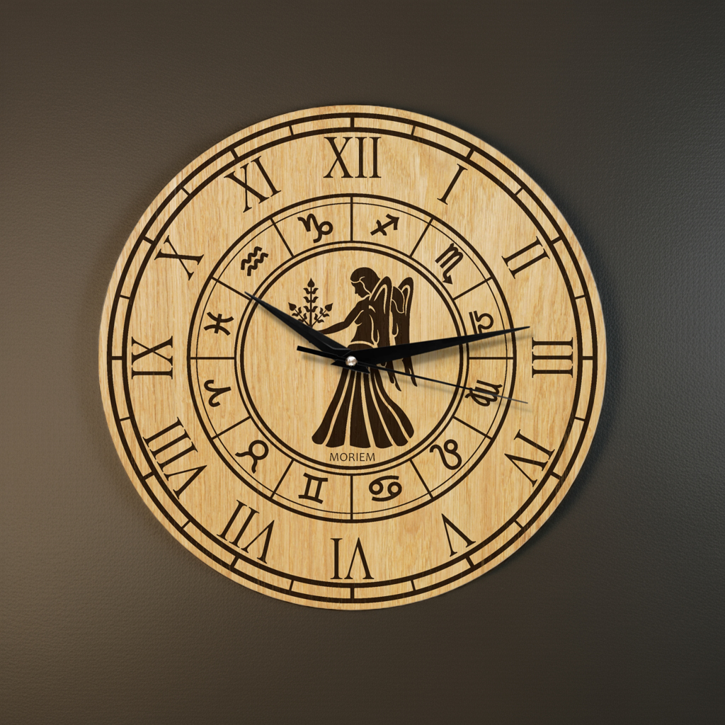Holz Wanduhr mit Sternzeichen- Motiv Jungfrau - 30 cm/40 cm groß