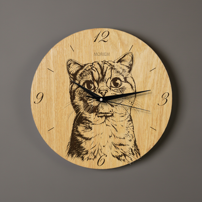 Wanduhr Katze grinsend - moderne Wohnzimmeruhr - Eiche 30 cm/40 cm groß