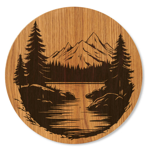 Holzbild mit Berge Naturmotiv - Wandbild Wildeiche minimalistisch - 30/40 cm groß