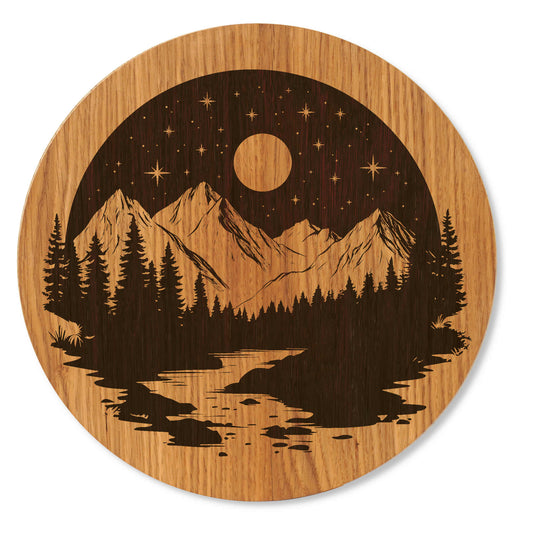 Holzbild mit Berge Sterne bei Nacht - Wandbild Wildeiche - 30/40 cm groß