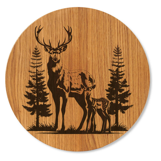 Wandbild Hirsch mit Jungtier - Holzbild Wildeiche rustikal - 30/40 cm groß
