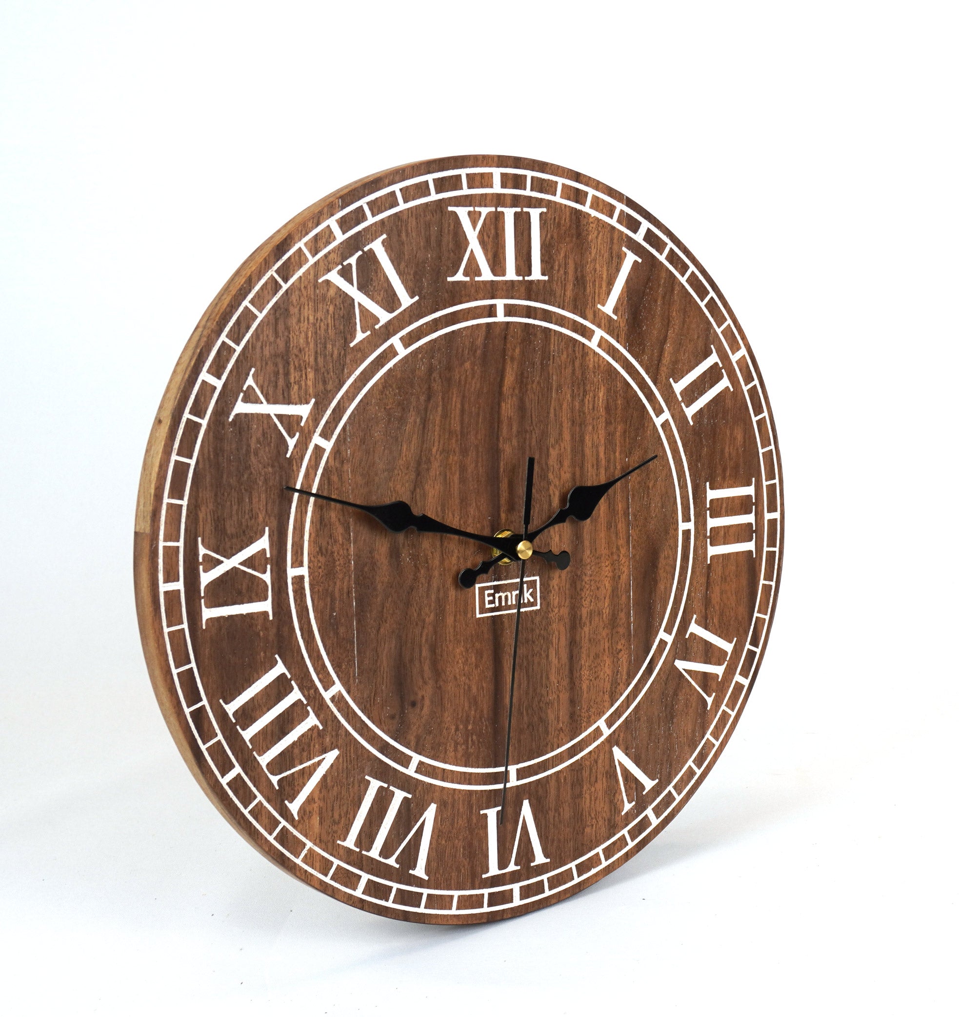 Wanduhr Vintage Holz furniert - Rustikal Shabby mit graviertem Inlay 30cm - Handgefertigte Uhr im Vintage Stil