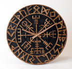 Wikinger Wanduhr -Holz Nussbaum schwarz 30cm - Wikinger Kompass - Runen Uhr - Nordischer Kompass