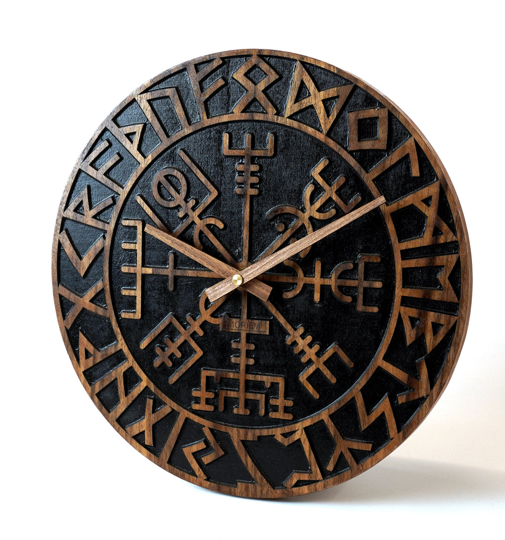 Wikinger Wanduhr -Holz Nussbaum schwarz 30cm - Wikinger Kompass - Runen Uhr - Nordischer Kompass