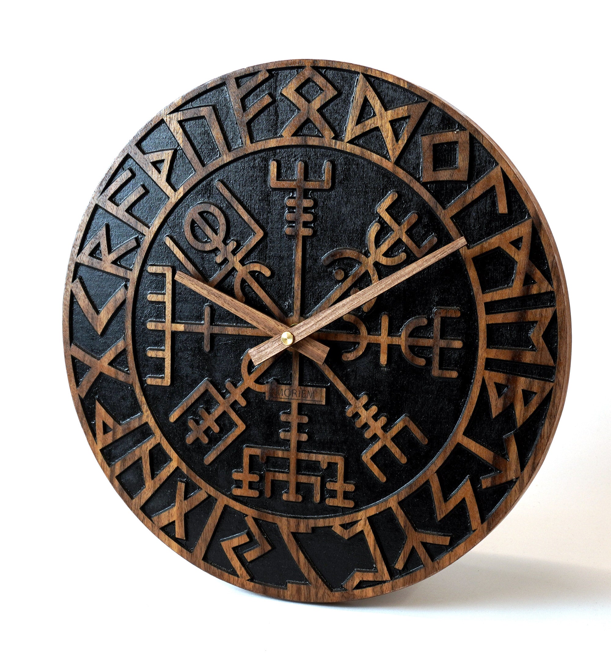 Wikinger Wanduhr -Holz Nussbaum schwarz 30cm - Wikinger Kompass - Runen Uhr - Nordischer Kompass