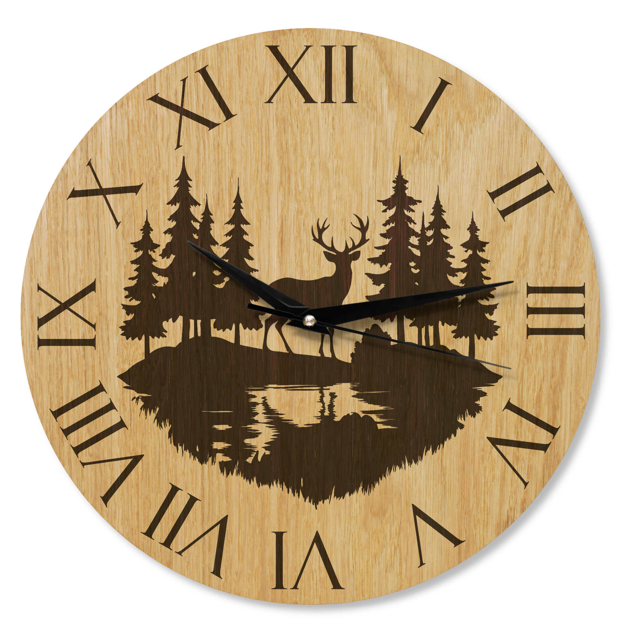 Wanduhr Berge Hirsch Motiv - rustikal -  Wohnzimmeruhr - Eiche - 30 cm/40 cm groß