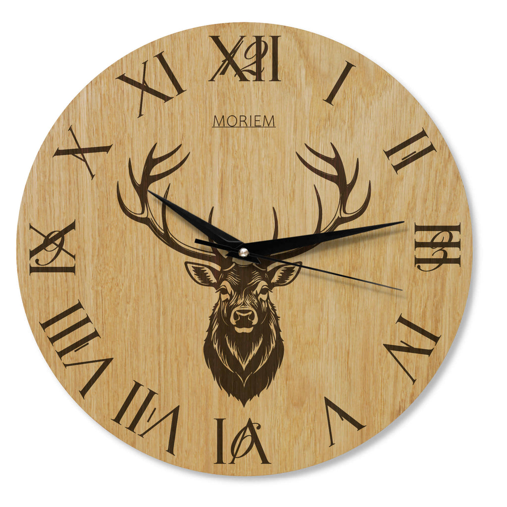 Wanduhr Holz rustikal -  Wohnzimmeruhr mit Hirsch Motiv - 30 cm/40 cm groß