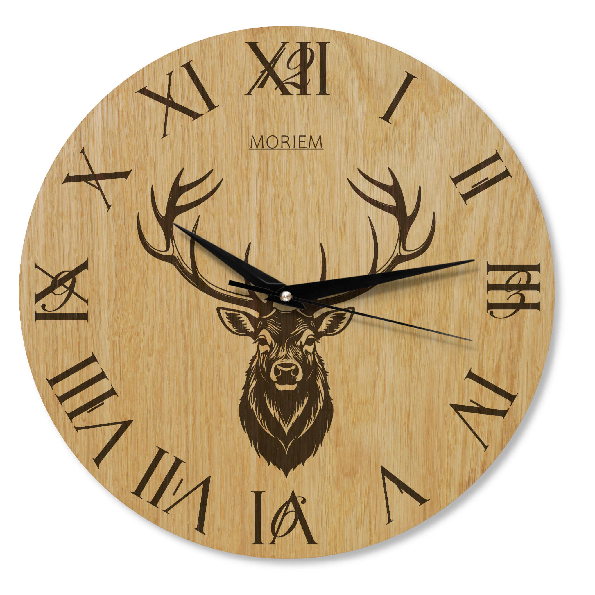 Wanduhr Holz rustikal -  Wohnzimmeruhr mit Hirsch Motiv - 30 cm/40 cm groß