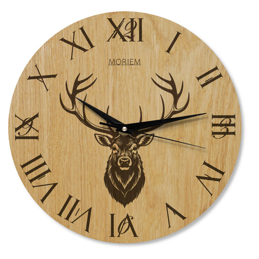 Wanduhr Holz rustikal -  Wohnzimmeruhr mit Hirsch Motiv - 30cm groß