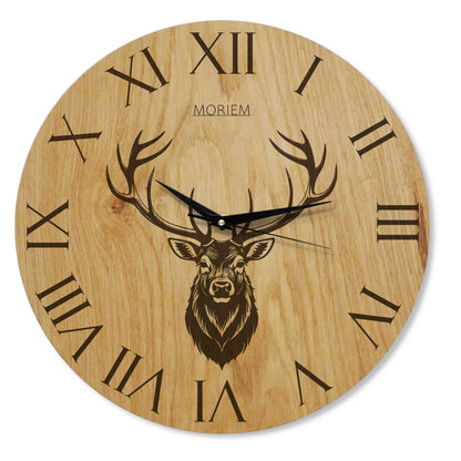 Wanduhr Holz rustikal -  Wohnzimmeruhr mit Hirsch Motiv - 30 cm/40 cm groß