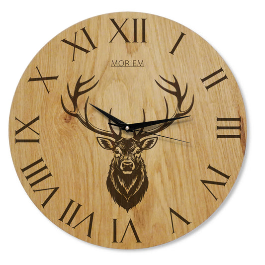 Wanduhr Holz rustikal -  Wohnzimmeruhr mit Hirsch Motiv - 30 cm/40 cm groß