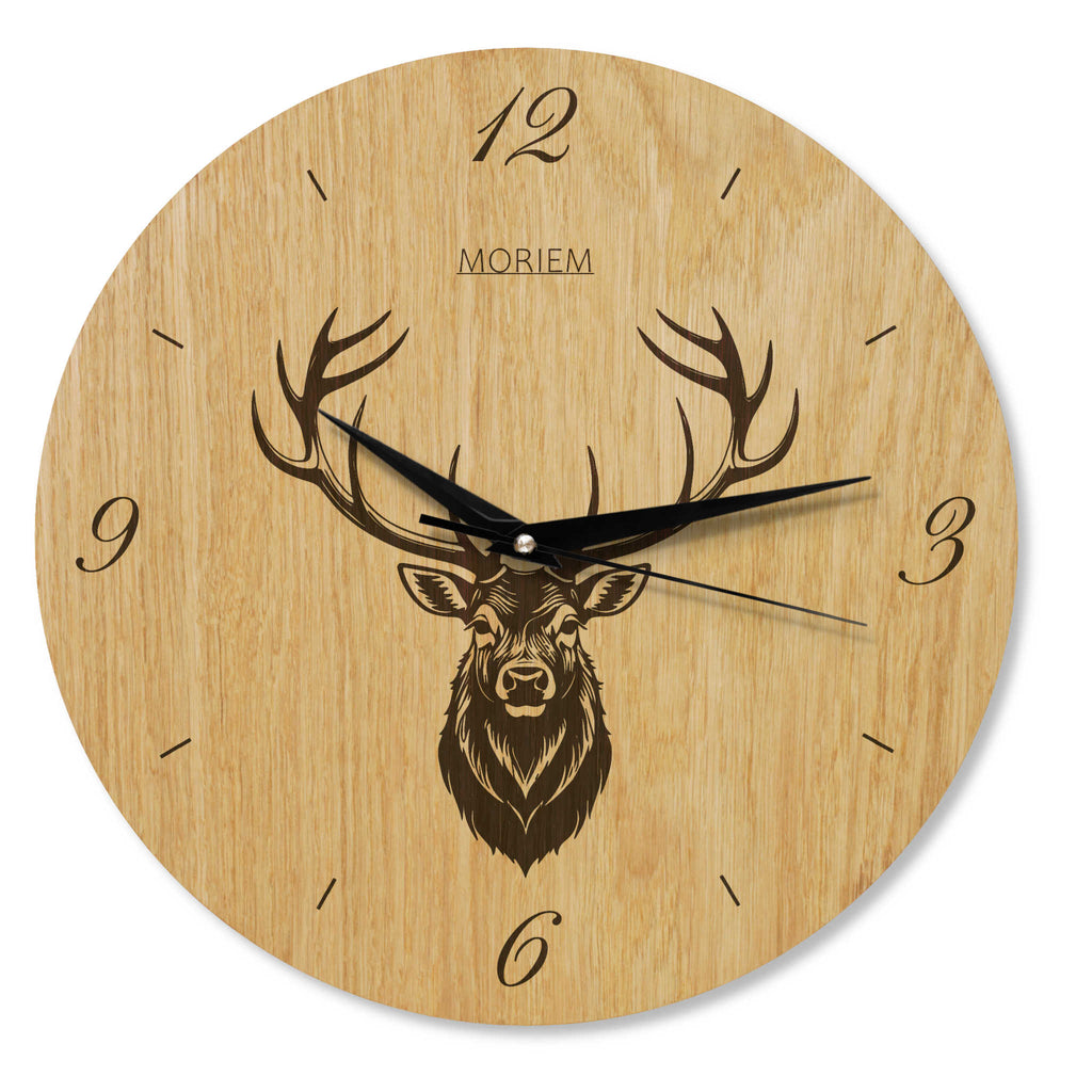 Wanduhr Holz rustikal - Wohnzimmeruhr mit Hirschkopf Motiv - 30 cm/40 cm groß