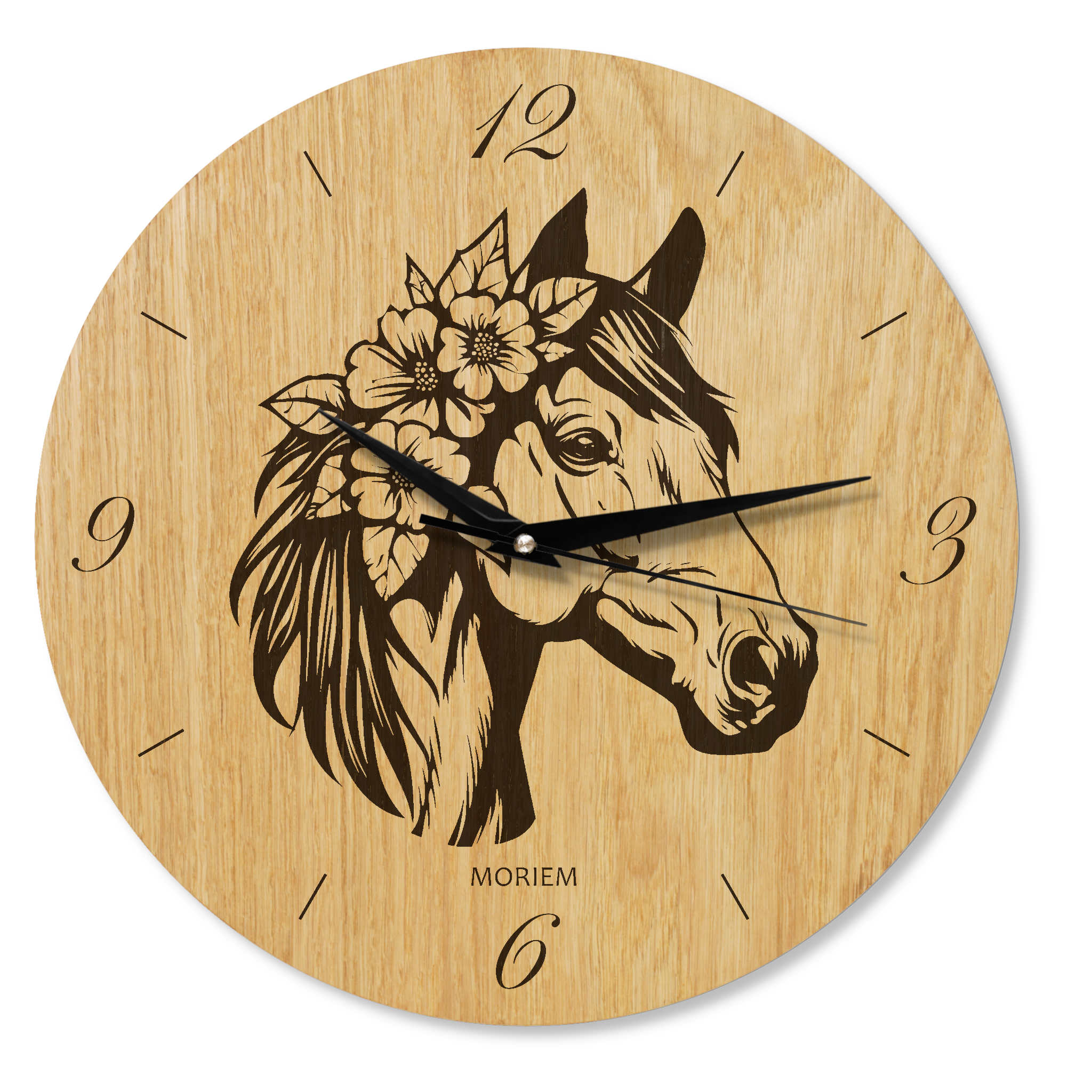 Wanduhr Pferd mit Blumen aus Holz - Wohnzimmeruhr Vintage Motive- 30 cm/40 cm groß