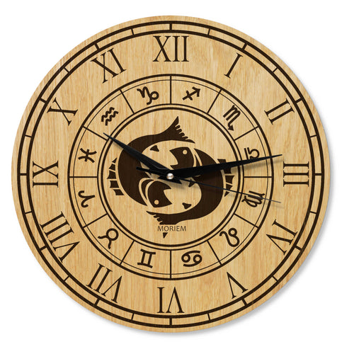 Holz Wanduhr mit Sternzeichen- Motiv Fische - 30 cm/40 cm groß