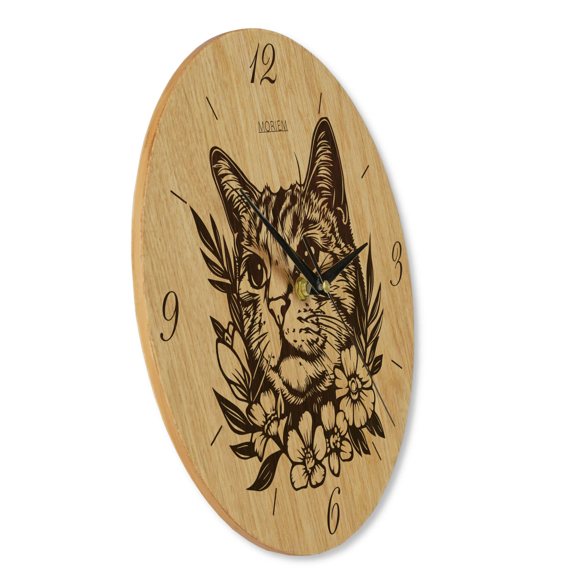 Wanduhr aus Holz - Katze mi Blumen - moderne Wohnzimmeruhr - Eiche 30 cm/40 cm groß