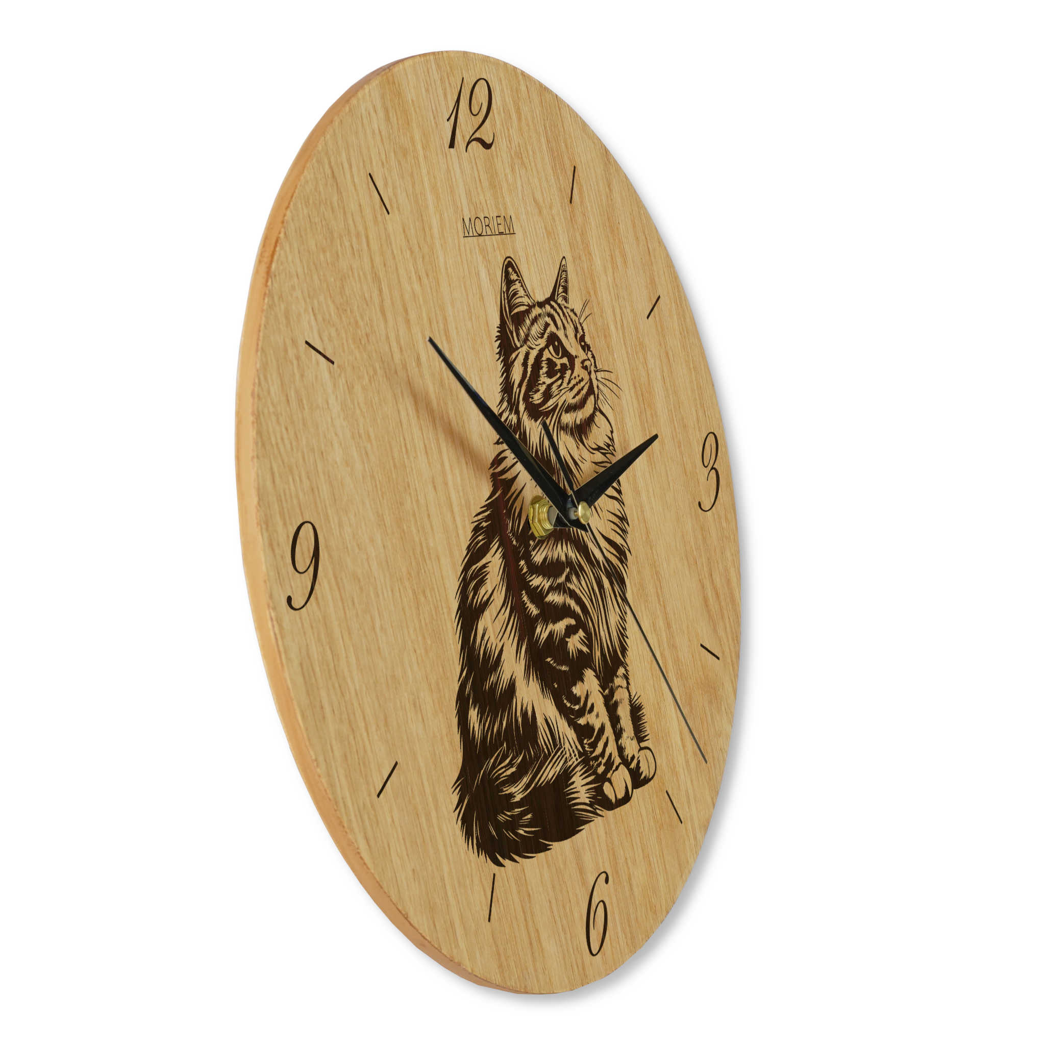 Wanduhr aus Holz - Angorakatze - moderne Wohnzimmeruhr - Eiche 30 cm/40 cm groß