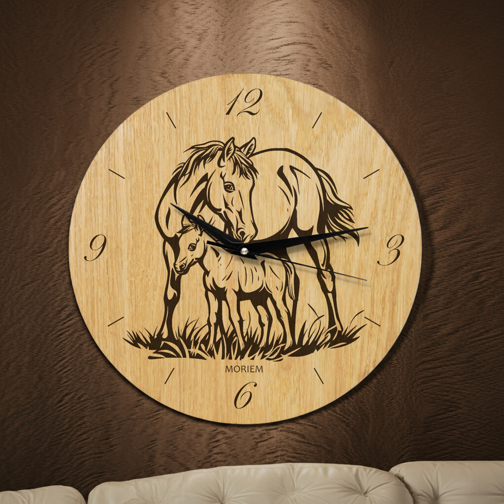 Pferde Wanduhr - Wohnzimmeruhr Motiv Pferd mit Folen - 30 cm/40 cm groß