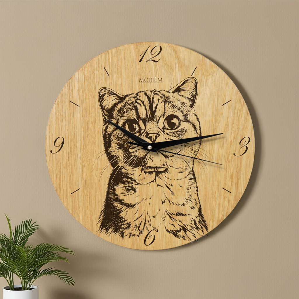 Wanduhr Katze grinsend - moderne Wohnzimmeruhr - Eiche 30 cm/40 cm groß