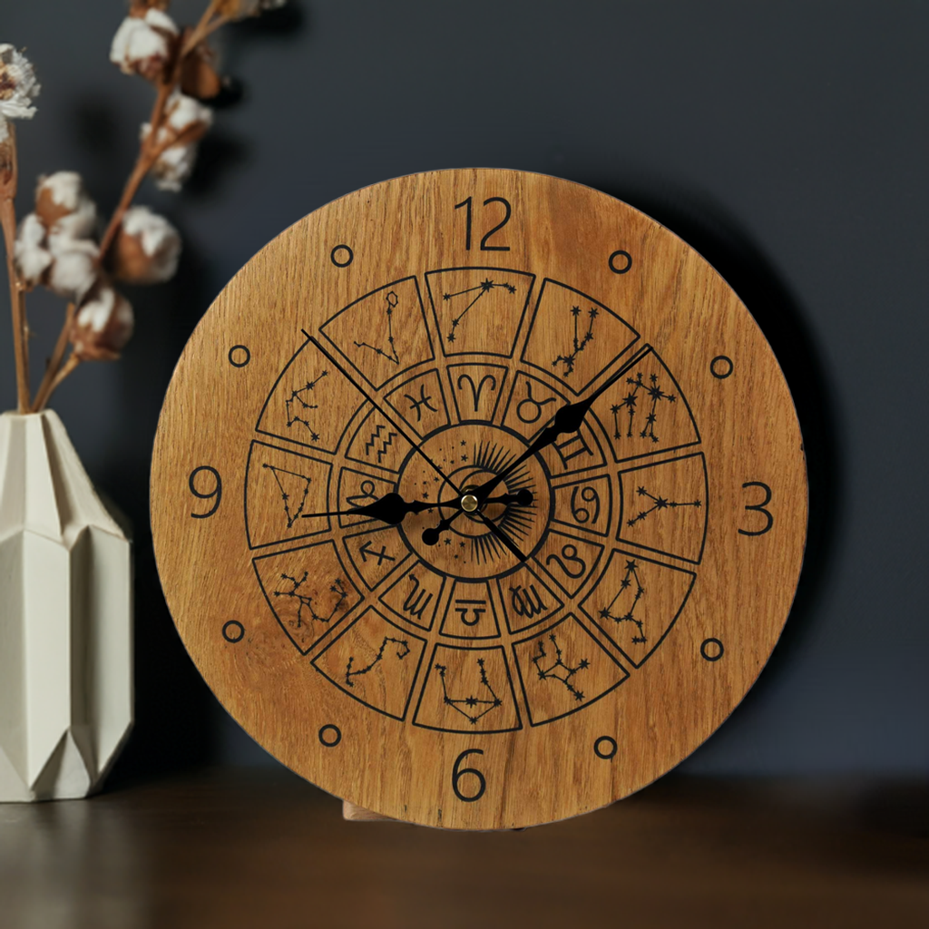 Wanduhr mit Sternzeichen aus Holz - moderne Uhr -Wohnzimmeruhr rustikales Design " Astrologie/Tierkreis " 30cm