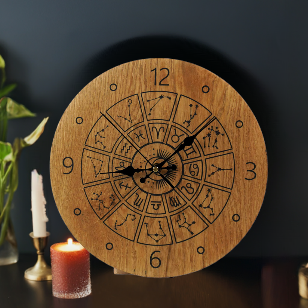 Wanduhr mit Sternzeichen aus Holz - moderne Uhr -Wohnzimmeruhr rustikales Design " Astrologie/Tierkreis " 30cm