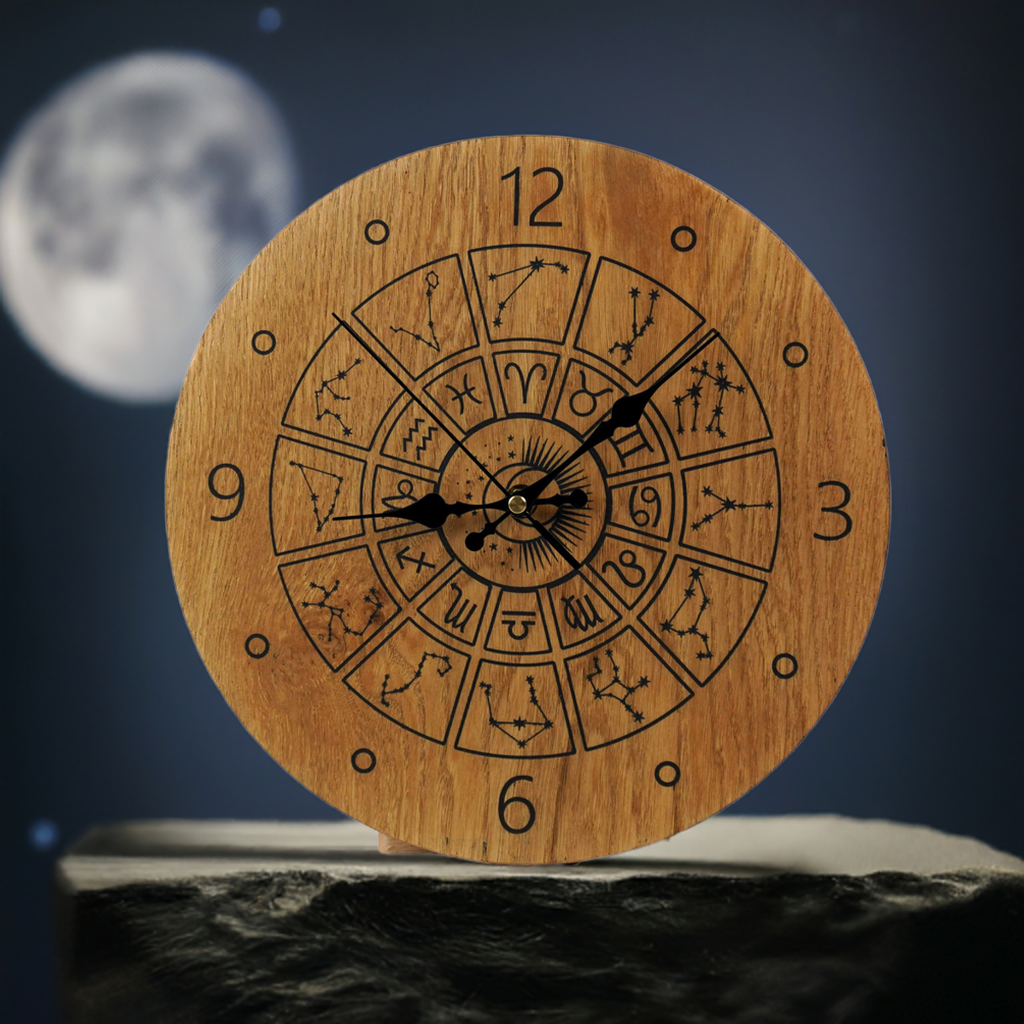 Wanduhr mit Sternzeichen aus Holz - moderne Uhr -Wohnzimmeruhr rustikales Design " Astrologie/Tierkreis " 30cm