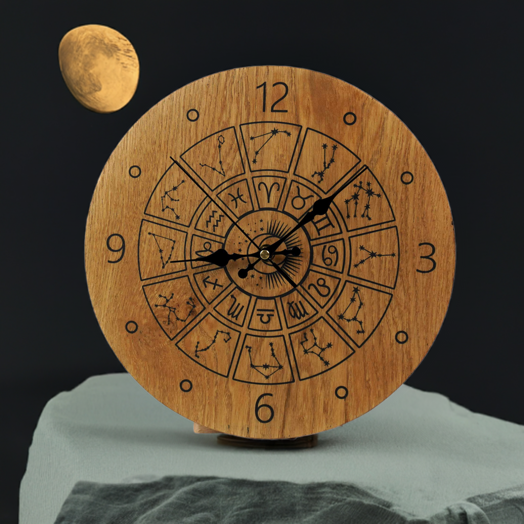 Wanduhr mit Sternzeichen aus Holz - moderne Uhr -Wohnzimmeruhr rustikales Design " Astrologie/Tierkreis " 30cm