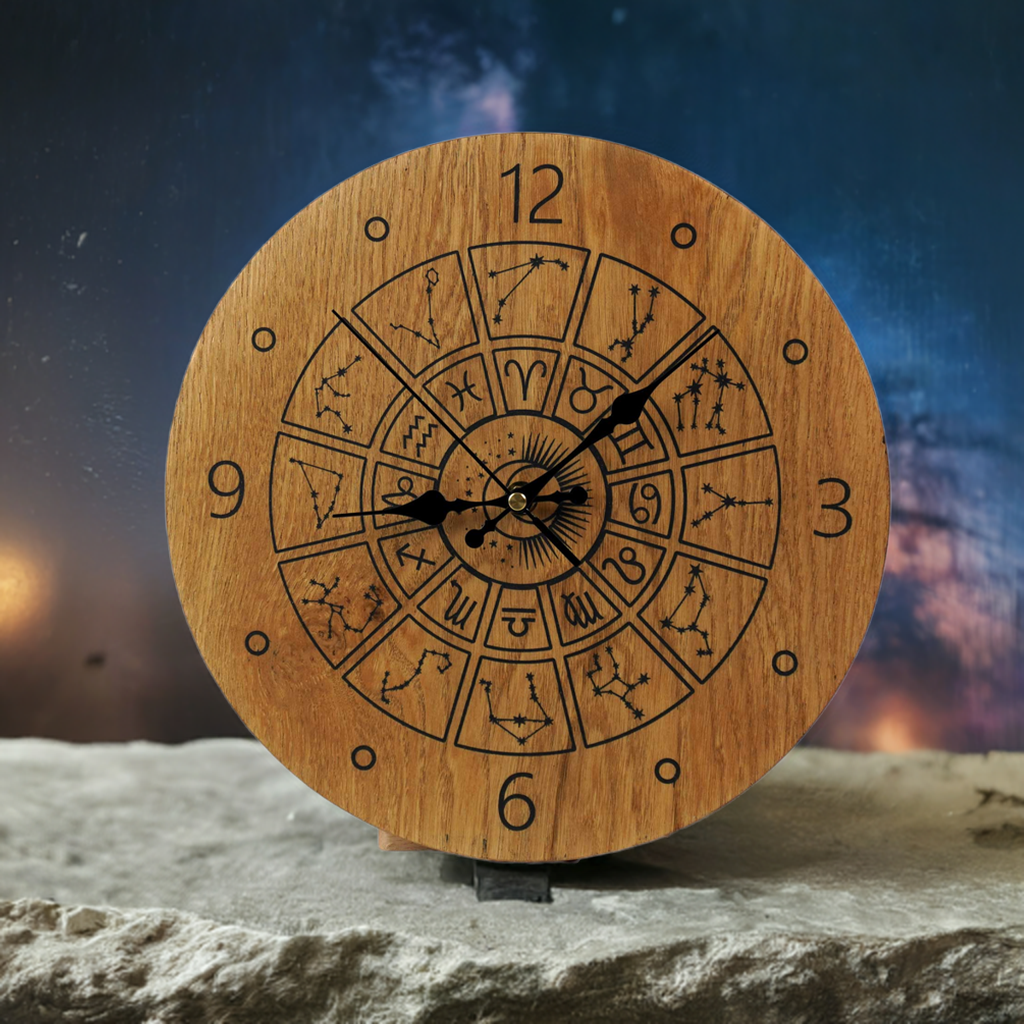 Wanduhr mit Sternzeichen aus Holz - moderne Uhr -Wohnzimmeruhr rustikales Design " Astrologie/Tierkreis " 30cm