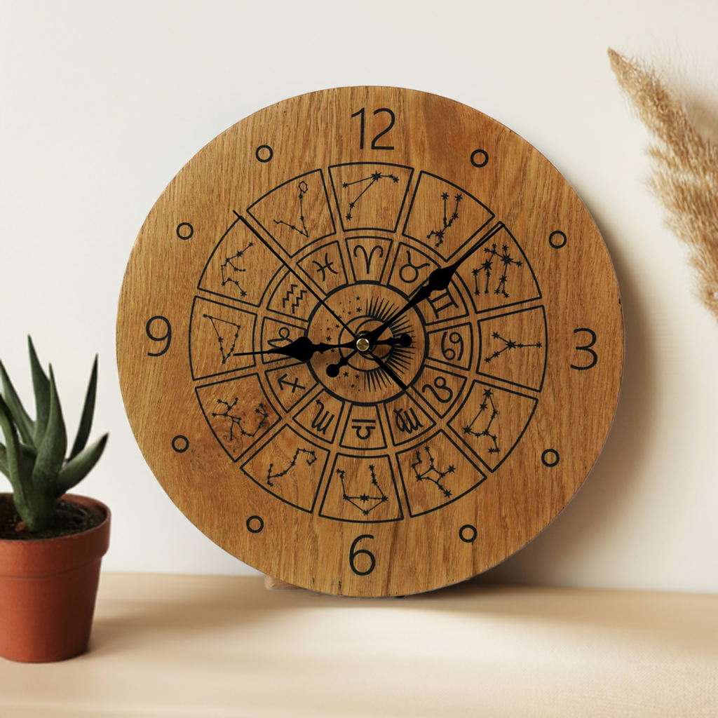 Wanduhr mit Sternzeichen aus Holz - moderne Uhr -Wohnzimmeruhr rustikales Design " Astrologie/Tierkreis " 30cm