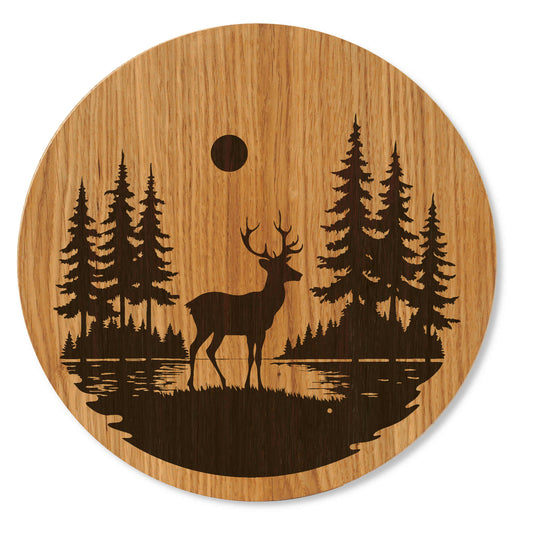 Holzbild - Wandbild Bergmotiv mit Hirsch im Wald - 30/40 cm groß