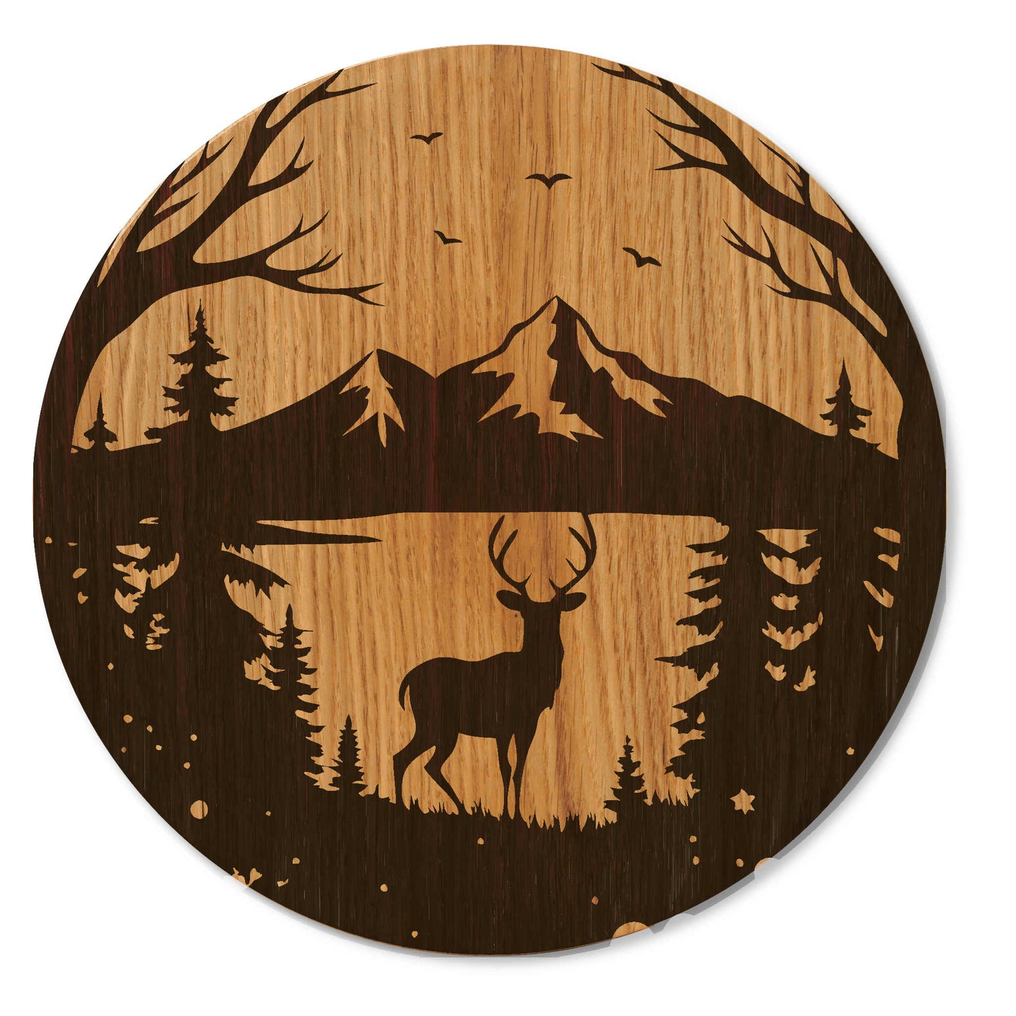 Holzbild - Wandbild Bergmotiv mit Hirsch im Wald - 30/40 cm groß