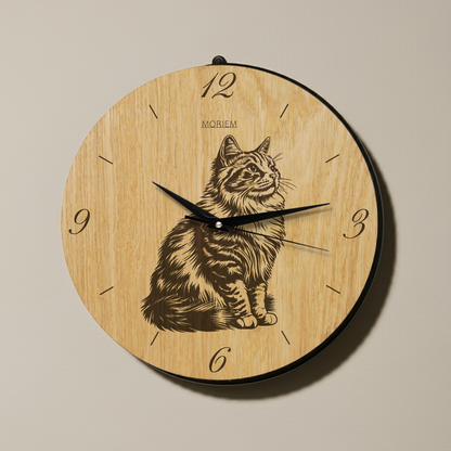 Wanduhr aus Holz - Angorakatze - moderne Wohnzimmeruhr - Eiche 30 cm/40 cm groß