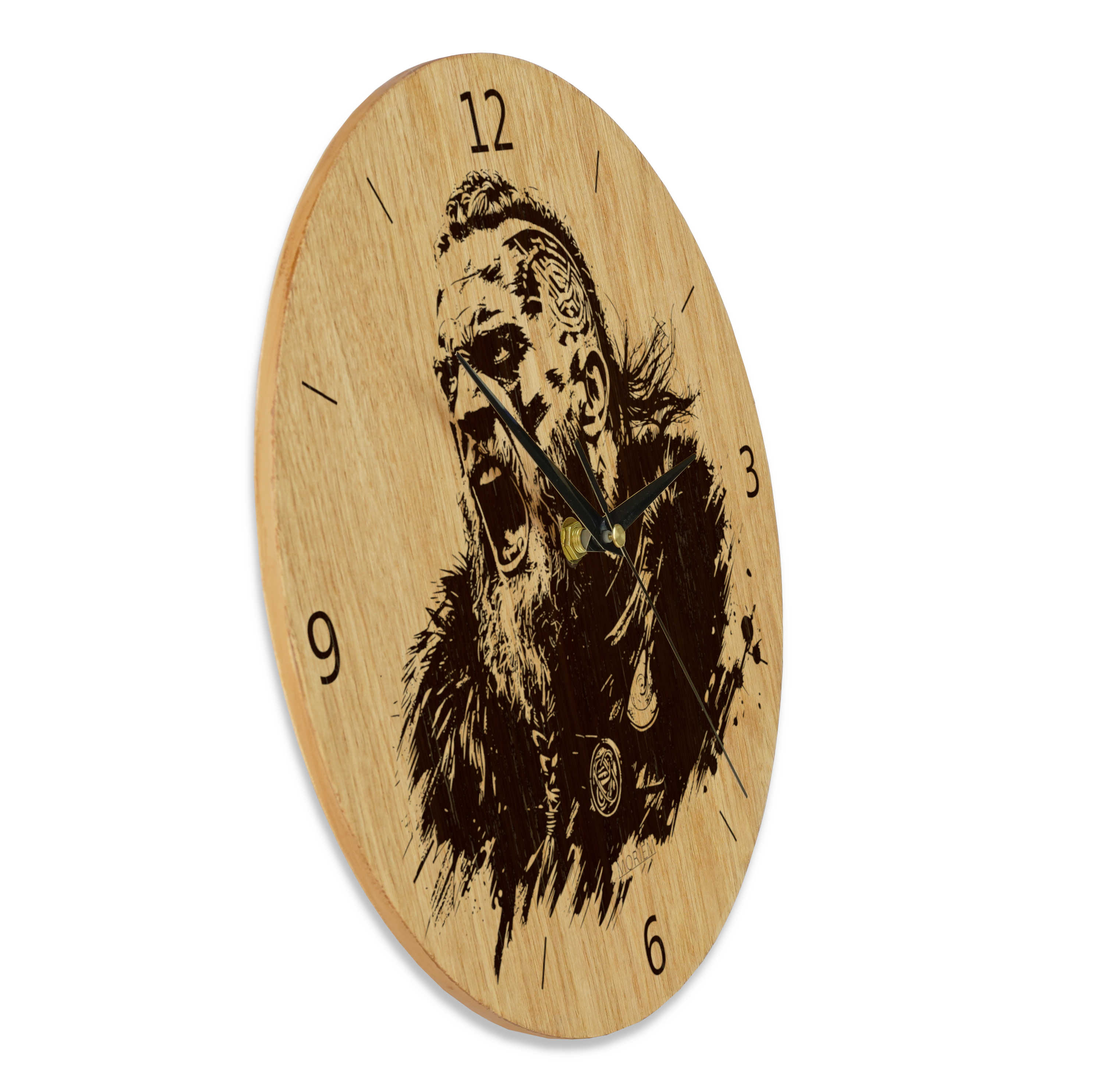 Wikinger Wanduhr Holz - Wikinger Motiv  Wütendem Krieger - Eiche 30 cm/40 cm Runenuhr