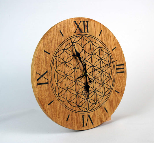 Wanduhr Eiche rustikal- Echtholz mit Gravur Blume des lebens 30cm Vintage Stil - Schöne Wanduhr Holz