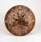 Wanduhr aus Holz Vintage Nussbaum  " keltischer Baum des Lebens in Weiß "